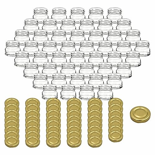 gouveo Juego de 48 tarros de conserva mini de 30 ml con tapa de rosca dorado - mini tarros de conservación con tapón de rosca TO43 - tarros redondos para conservas, mermeladas, especias (EGR030G)