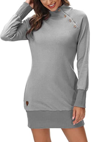 DOTIN Damen Sweatkleid Langarm Sweatshirt Hoodie Kleid Lange Pullover Outwear Jumper Tops Kapuzenpulli, Grau, L