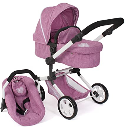 Bayer Chic 2000 - Puppenwagen Linus, 3in1 Kombipuppenwagen für Kinder von 4 bis 8 Jahren, Puppenwagen-Set, Jeans pink