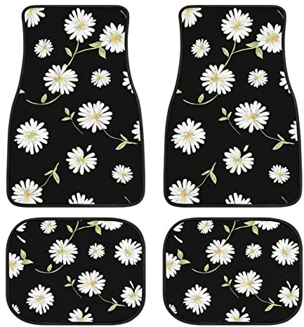 Daisy Car Floor Mats Set of 4,Cute Daisy Flowers Black Design Vehicle Front Rear Carpets Mat Decorative Car Floor Carpets Rugs Non-Slip Auto Foot Mats Car Accessories for Car SUV Truck