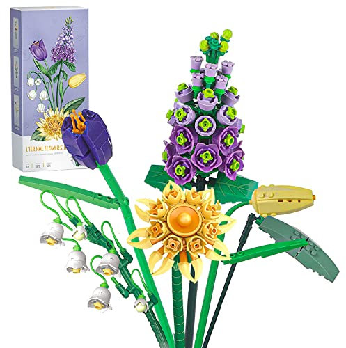 Flower Bouquet Building, Artificial Flowers, Set for Adults, Decorative Home Accessories, Idea Gift, Botanical Collection Not Compatible with Lego 534 Pcs (Violet/Great Mosterwort/Tulip/Convallariae)