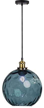 HJXDtech Lampe Suspendue Vintage Industriel avec Globe en Verre Artistique de 20cm, Finition Bronze Antique E27,Suspension Luminaire Rétro Loft pour Salle à Manger, Chambre et Salon (Bleu foncé)