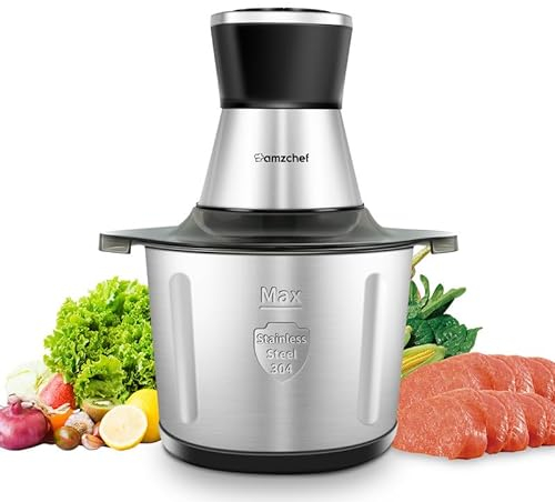 AMZCHEF Picadora electrica,Picadora de carne con recipiente de acero inoxidable de 3L,500 W Trituradora de alimentos con 2 velocidades. Apta para carne,cebollas,alimentos infantiles,frutas y verduras.
