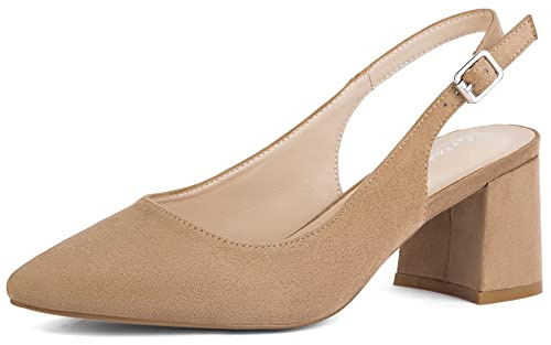 Greatonu Women's Pointed Toe Slingback Court Shoes Block Heel Ladies Pumps Ankle Strap Dress Shoes Beige Size 8
