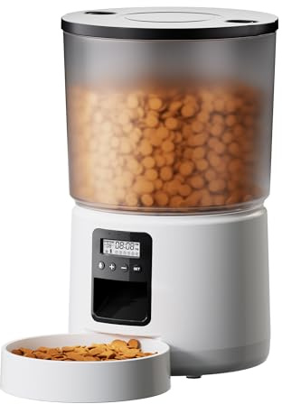 BEMOONY Comedero Gato Automatico, 5L Dispensador Comida Gatos con Temporizador Programable, 1-6 Comidas al DíA, Comedero Automatico Gato con Presione la Tapa y FuncióN de GrabacióN de 10s(Blanco)