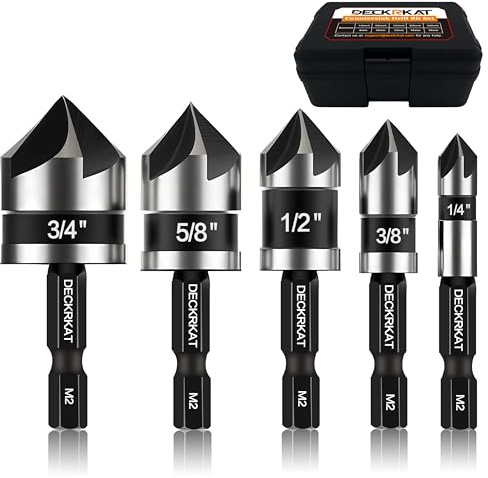 5 Pcs Countersink Drill Bit Set, Industrial Grade M2 High-Speed Steel, 82 Degree, 5 Flute with 1/4” Quick Change Hex Shank, 1/4 to 3/4 Size for Metal, Wood & Plastic - Includes Durable Case