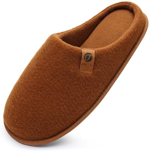 ONCAI Men's Memory Foam Slippers Warm Striped Slippers Fluffy Plush Lined with Non-Slip Rubber Sole, khaki felt, 13.5 UK