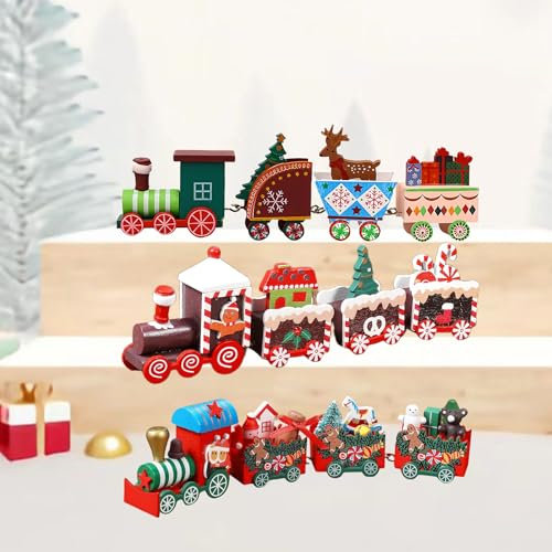 Berelin Christmas Train Ornaments, 3 Pack Wooden Toys Set, Mini Gift Set for Kids, Small Table Top Decoration