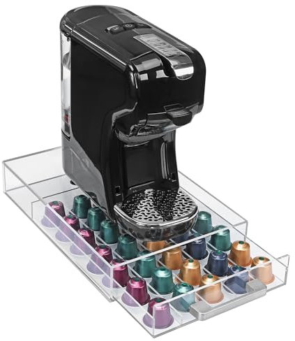 Navaris Distributeur de Capsules Café - Tiroir Rangement Capsule Cafe Transparent Compatible avec Nespresso - Porte Capsule Organisateur pour 50 Dosettes avec Support Machine a Cafe