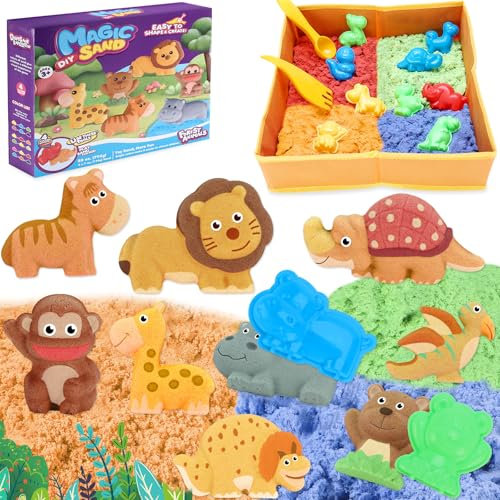Crelloci Kids Animal Kingdom Play Sand Set Folding Sandbox Comes with 4 Colors of Non-Toxic Magnetic Sand, 18 Animal Molds and 3 Tools, Educational Kid's Sensory Toys for Boys and Girls Aged 3+