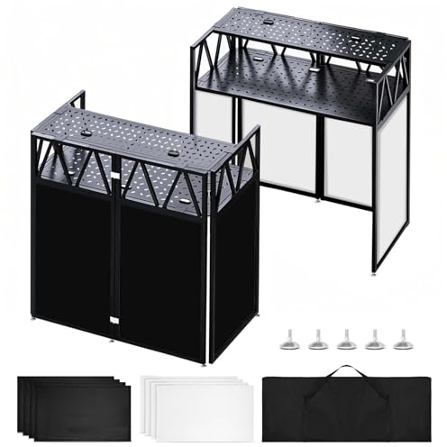 Portable DJ Booth Facade Stand, Foldable DJ Table 40 x 20 x 45 Tabletop, DJ Facade Station for DJ Controller, Mixer & LaptopEvents&Parties – Includes Carry Bag&Two Metal Corner Tables.
