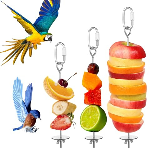 LIQWEI Confezione da 3 supporti per cibo per uccelli e ratti, in acciaio inox, per pappagalli, frutta e verdura, da appendere, per parrocchetti, pappagallini, ara