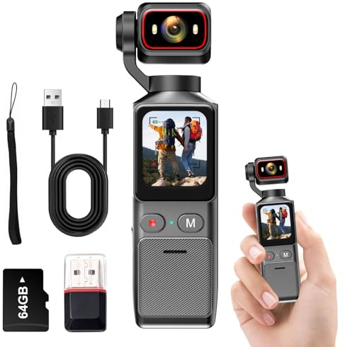icamdoor 4K handhållen vloggkamera, WiFi-actionkamera, skakande kroppskamera för resor, YouTube-videokamera med 64 GB SD-kort, 180° roterbar lins