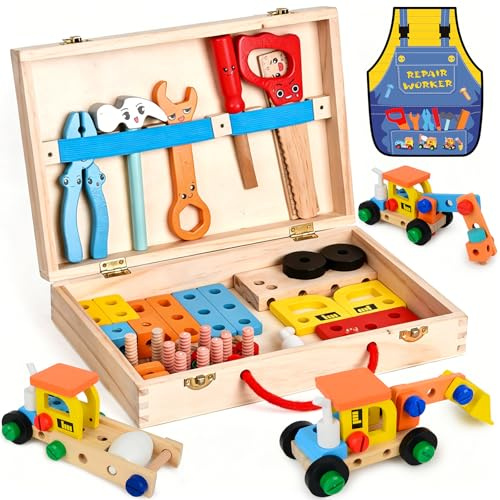 Holz Werkzeugkoffer Kinder ab 3 Jahre, 53-teiliges Spielzeug Werkzeug Set mit Säge, Holzplatten & Räder Baue Dein eigenes Fahrzeug – Montessori Lernspielzeug Geschenk für Junge Mädchen ab 3 4 5 Jahre