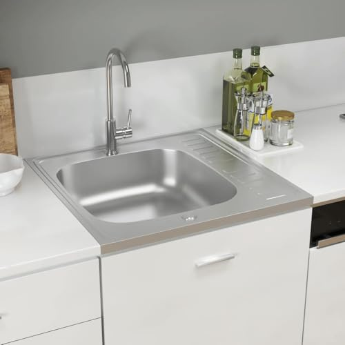 Diskbänk med dräneringsyta set silver i rostfritt stål 600 x 600 x 155 mm inbyggd diskbänk med avloppsarmatur och kranhål för kök och tvättstuga