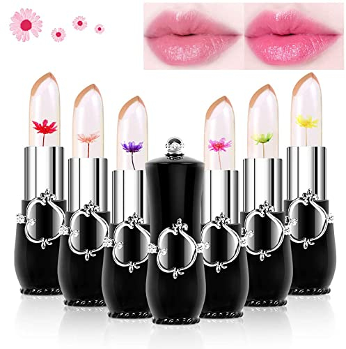 Clear Flower Jelly Lippenstift, 6 Packungen nahrhafte Feuchtigkeitscreme Lippenbalsam Temperatur Farbwechsel Lippenstift Matt Langlebiger Lipgloss (Black-6, M)