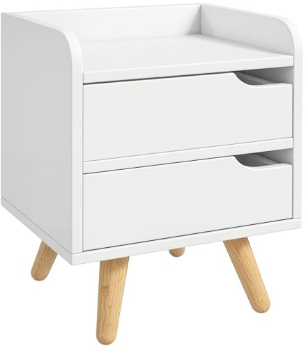 HOMCOM Comodino da Camera da Letto Salvaspazio, Moderno Comodino con 2 Cassetti, Design Semplice, Legno Bianco, Piedini in Legno di Pino, 33 x 28 x 42cm, Bianco