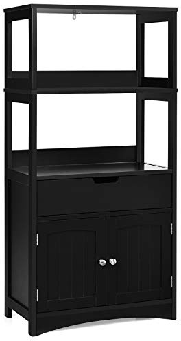 Tangkula Bathroom Floor Cabinet with Drawer, 2 Open Shelves and Door Cupboard, Multipurpose Free Standing Storage Cabinet for Bathroom Kitchen Living Room, 24 x 13 x 48 inch (Black)