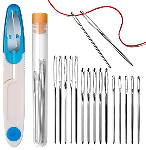 15 Stücke Sticknadeln Nähnadeln Set, 3 Größen Große Augen Nadeln Stumpfe Nadel, Sticknadeln Ohne Spitze Kommt mit kleinen Röhrchen und Einer Schere für Hand Nähen Handwerk
