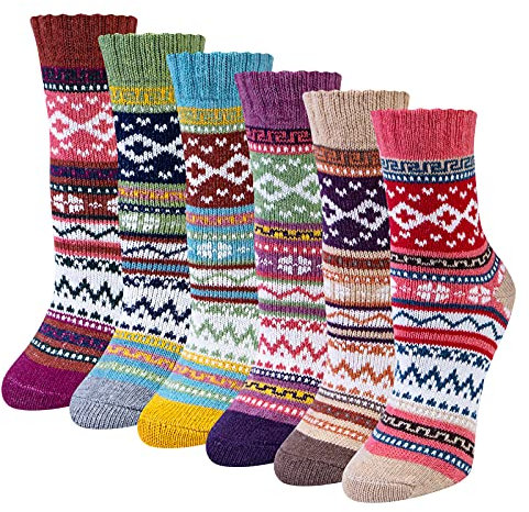 Chalier Cozy 6 Paar Merino Socken Damen Winter Wollsocken Stricksocken Warme Dicke Thermosocken Kuschelsocken Bunte Atmungsaktive, Einheitsgröße 36-42（Pink, Lila, Beige, Blau, Grün, Rot）