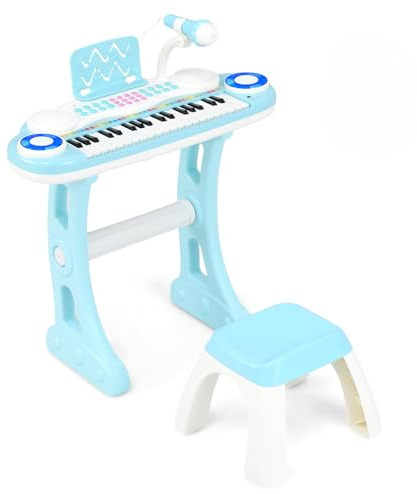 COSTWAY Piano Numérique à 37 Touches Enfants avec Tabouret & Microphone Réglable, Clavier Electronique avec Haut-Parleurs & Lumière, Enregistrement et Lecture, Charge 100kg pour 18 Mois+