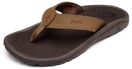 OluKai Ohana Men's Sandals, Water Resistant Flip Flops with Arch Support, Lightweight Comfort for Beach & Travel, Enhanced Traction for Wet Surfaces, Tan/Dark Java, 9