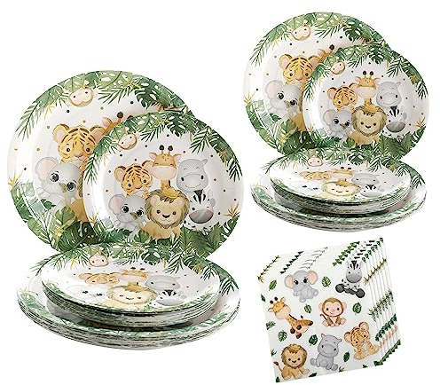 hpnparty Partygeschirr Dschungel Safari Partygeschirr Set für 25 Gäste,Junge tiere Einweggeschirr Set 75 Stück tiere teller servietten für Wild One Kindergeburtstag