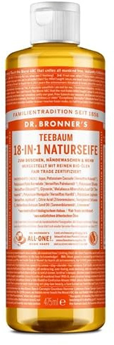 Dr. Bronners 18-IN-1 Naturseife | Organic Flüssigseife | Teebaum | Mit ätherischem Bio Teebaumöl | Duschgel, Handseife, Shampoo und vieles mehr | Mit Bio Kokos-, Oliven- und Jojobaöl | 475 ml