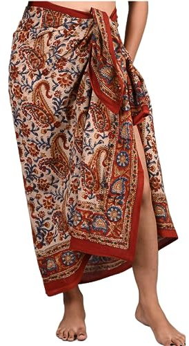 INDACORIFY 100% Coton Main Bloc imprimé Sarong Femmes Maillot de Bain Cache-cœur, Plage Bikini Jupe paréo écharpe étole châle pour Femmes (Design-23)