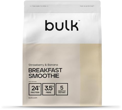 Bulk Batido Para Desayuno Completo, Alto contenido en proteínas, Trozos de fruta auténticos, Fresa y Plátano, 500 g, 8 Dosis