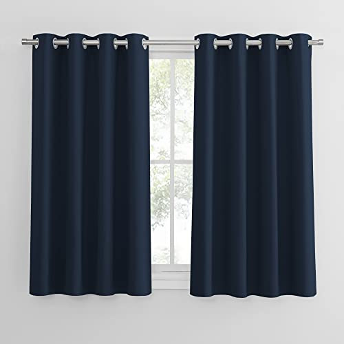 Pony Dance Fönstergardiner för små fönster, 2 stycken, H 114 x B 132 cm, kort gardin, mörkblå, ogenomskinlig bistrogardin för kök, mörkläggningsgardiner med öljetter