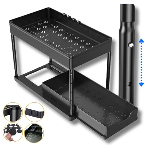 YellowClama ORGANIZADOR bajo FREGADERO - Altura Regulable - Organizador Cocina - Armario Cocina - Organizador Productos Limpieza, 1 Cesta colgante, 4 ganchos, 6 Almohadillas antideslizantes, Negro