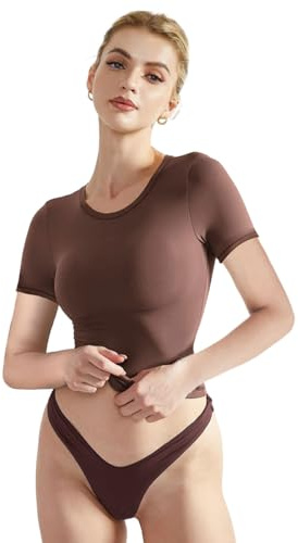 EMOTTOS Crop Tops Femme Y2K, T-Shirt à Manches Courtes ajusté et doublé, Slim Fit Round Neck Shirts, Fashion Skinny Y2K Dupe Tee Shirt(Noir/Gris/Marron, S-L)