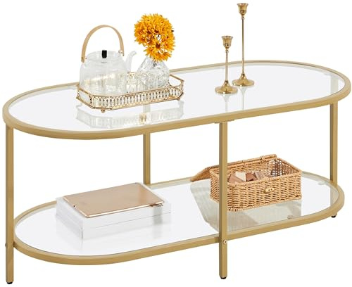 Yaheetech 42 Oval Glass Coffee Table for Living Room, 2-Tier Center Table with Storage Shelf for Small Space, Office