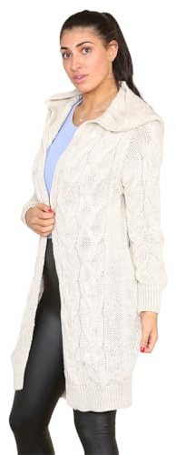 WearAll Women Ladies Cardigan Cable Knitted Oversized Long Hooded Chunky Jumper Cape Open Front Collarless Knit Top Stone Size 8-16