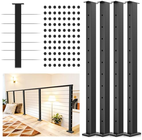 Gyykzz 4 Pack Cable Railing Post 36Inch, Level Drilled Railing Post with Flat Design Silicon Rings, Stainless Steel Horizontal Hole Deck Wire Railing Posts, Black Flat Top Metal Post (No Handrail)