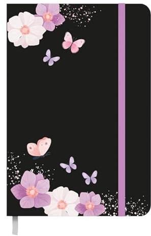 Idena 11169 - Taschenkalender 2025 im Format 9 x 14 cm, 1 Woche auf 1 Seite, Terminplaner in Schwarz mit Blütenmotiv, Gummiband, Innentasche und Leseband