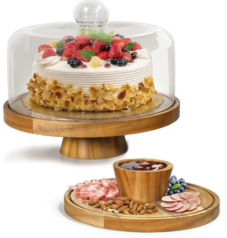 Piatto per torta con coperchio, supporto per torta con piedino, in legno, 30 cm, rotondo con coperchio in vetro, disco girevole per torte per decorare la cottura