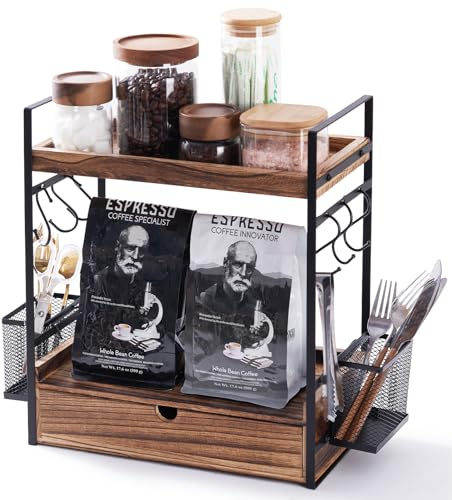 tarukh 3-Tier Coffee Station Organizer with Slide Out Drawer, 2 Metal Baskets & 6 Hooks, Bathroom Organiser, Mug Storage Home, Office, Wooden Desk Organiser, Kitchen Shelf Organiser for Countertop