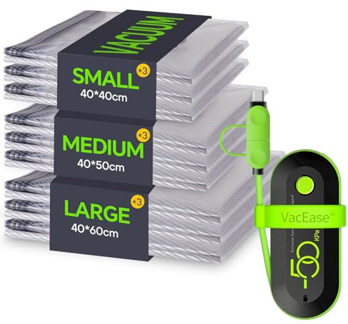 Vacbird Sac Sous Vide Vetement Aspirateur avec Pompe USB, Lot de 9 Sacs Sous Vide Voyage Réutilisables, Sac de Rangement Sous Vide Durables - Essentiels de Voyage peu Encombrants