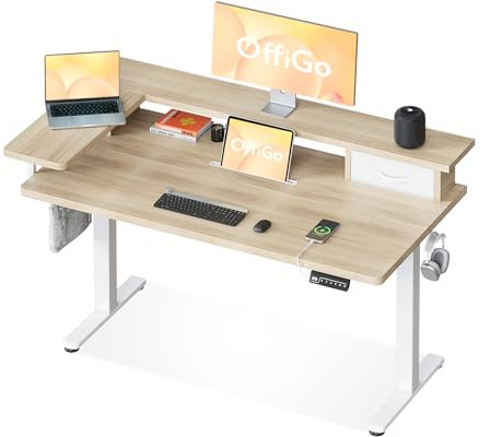 OffiGo Standing Desk with Drawers, 120cm Height Adjustable Desk, Electric Standing Desk with Monitor Stand, Sit Stand Desk with USB Port, Ergonomic Computer Table for Home Office, Beige