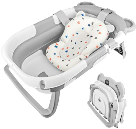 Babybadewanne mit Thermometer,Platzsparende Faltbare Babybadewanne mit Sitzmatte,Rutschfeste Tragbare Faltbadewanne,Baby Bathtub Babywanne,Hochwertige Kinderbadewanne Ideal für Baby 0-36 Monaten
