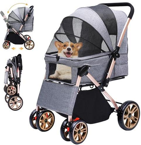 DWVO Poussette pour chien 3 en 1 - Pliable - Poussette pour chat jusqu'à 22 kg - Roues EVA résistantes à l'usure à 360° - Panier de rangement - Fenêtre en filet - 58,5 x 76 x 105 cm - Poussette pour