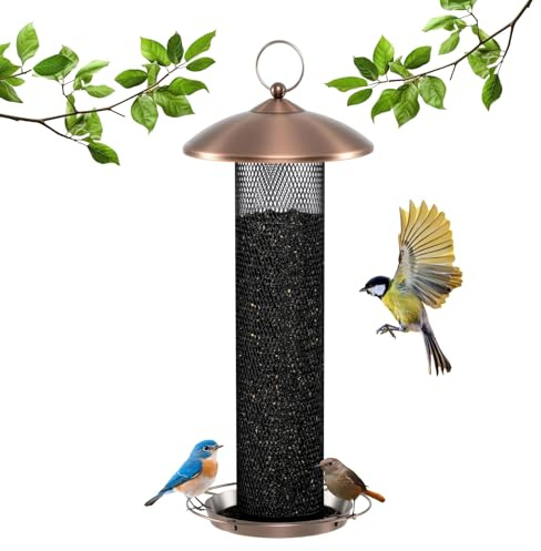 COSTWAY Mangeoire à Oiseaux en Métal Suspendue pour Extérieur, Disbuteur de Nourriture pour Oiseaux Sauvages, Anti-Écureuil Toit Plateau à Graines Résistants avec Drainage, Capacité 1,6 kg