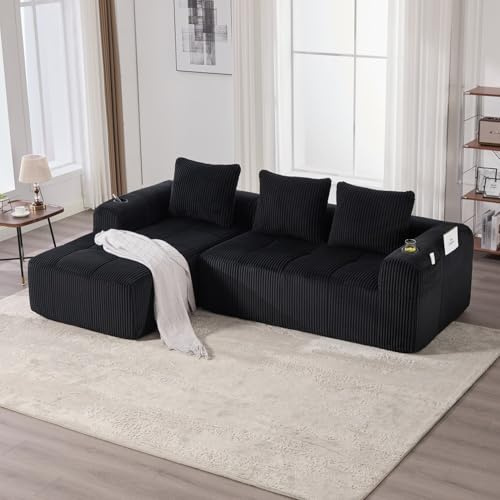EURHCIO Canapé d'angle 3 Places,Canapé Modulable en Velours Côtelé,avec 3 Coussins,Poches Latérales et Porte-Gobelets,pour Salon,Appartement,Bureau (Noir, 3 Places)