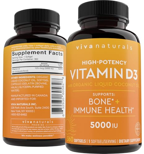 Viva Naturals Vitamin D3 5000 IU Softgels, 360 Count (125 mcg), Supports Bone & Immune Health, High Potency Vitamin D