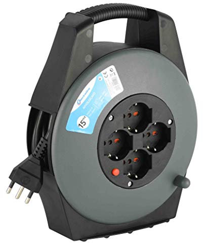 Electraline 49029 Avvolgicavo 15 metri, 4 Prese Universali, Grigio/Blu