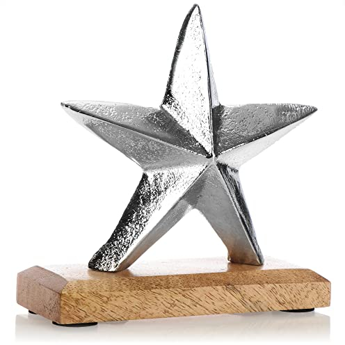 com-four® Premium Deko-Aufsteller Stern - Stern-Statue aus vernickeltem Aluminium auf Sockel aus Mangoholz - Deko-Stern zum Hinstellen - tolle Sterndeko (silberfarben - massiver Stern)