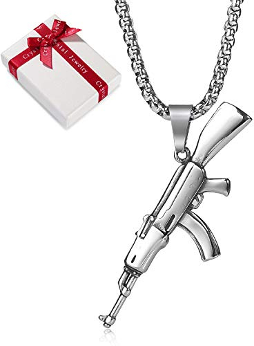 Herren Edelstahl Anhänger Kette AK47 Armee Gewehr für Männer Mann,18k Vergoldet Silber Halskette Waffe Pistole Halskette army,Rock Stil Modeschmuck Halsketten für Jungen,jungs,Vatertag Geschenk 60cm