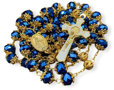 Nazareth Store St. Benedikt Kristallisierte blaue Perlen Rosenkranz goldene Halskette für Damen und Herren mit goldenen Mystery-Perlen, wundertätige Medaille und St. Benedikt-Kreuz, 55 cm, Kristall,